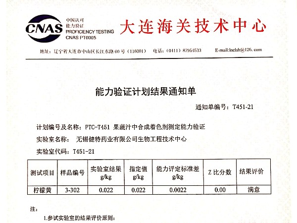 2021年度組織的PTC-451果蔬汁中合成著色劑測定能力驗(yàn)證